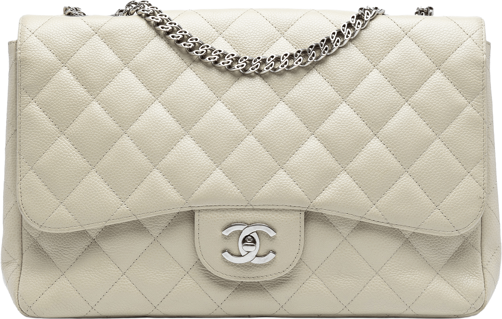 Chanel Jumbo Classic Caviar Bijoux Chain Single Flap, från Luxclusif, i färgen off white.