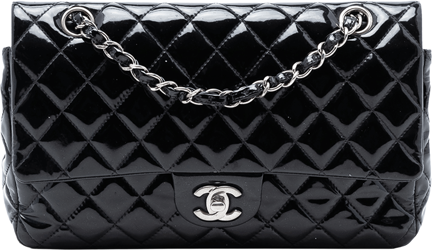 Chanel Medium Classic Patent Double Flap, från Luxclusif, i färgen black.