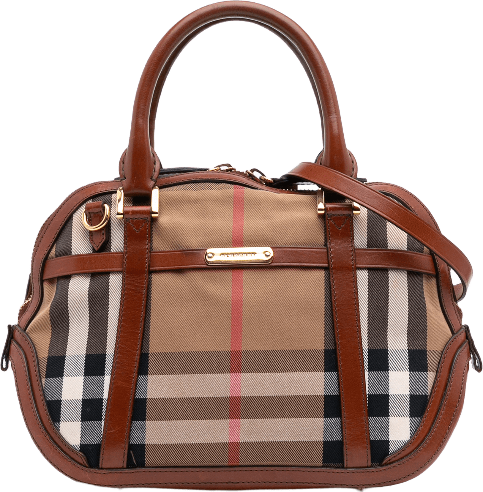Burberry Small Leather Trimmed House Check Canvas Bridle Orchard Satchel, från Luxclusif, i färgen light brown.