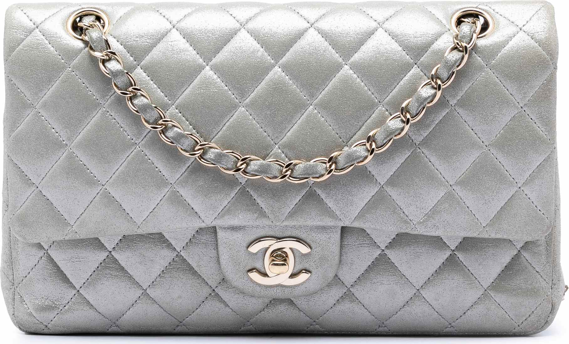 Chanel Medium Classic Iridescent Lambskin Double Flap, från Luxclusif, i färgen silver.