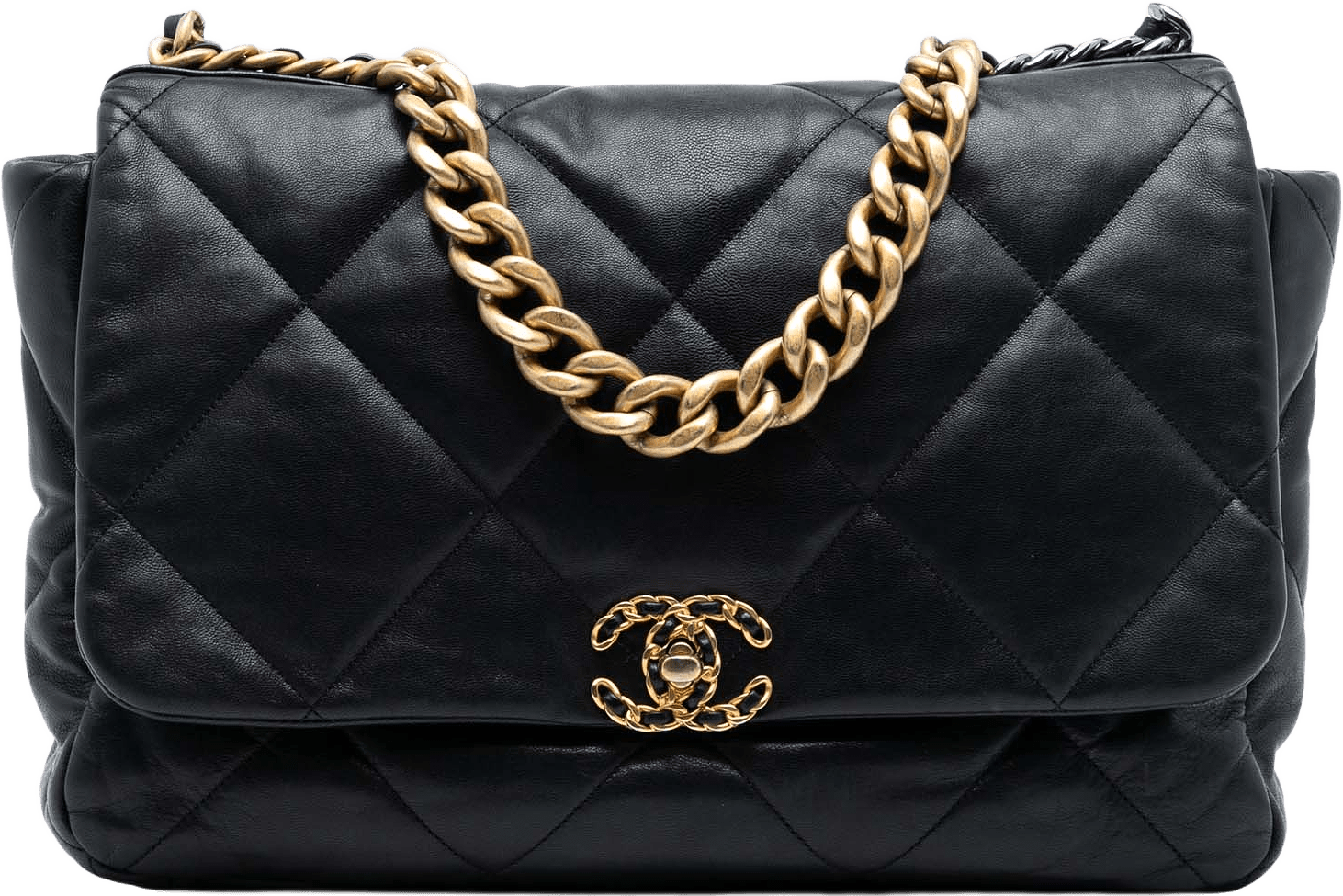 Chanel Maxi Lambskin 19 Flap, från Luxclusif, i färgen black.