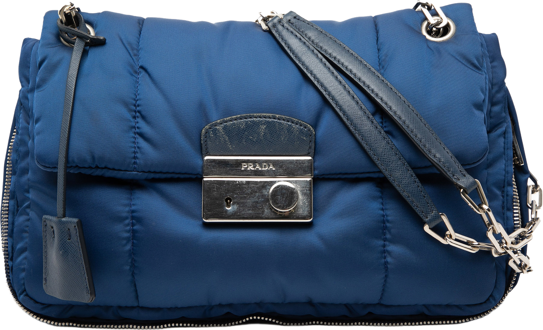 Prada Tessuto Bomber Sound Lock Chain Flap, från Luxclusif, i färgen blue.