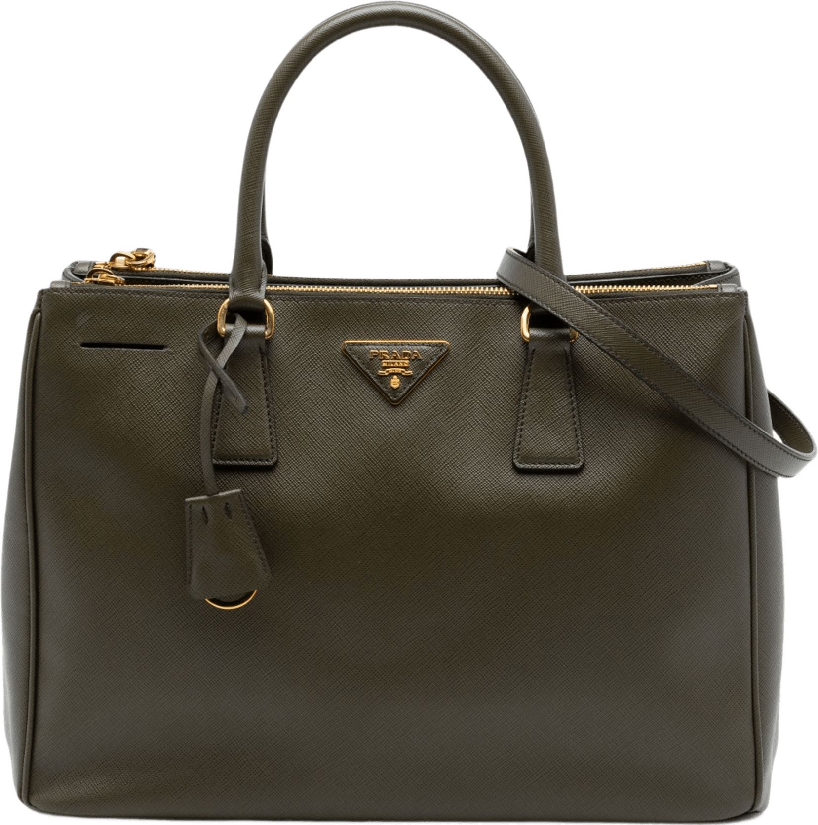 Prada Medium Saffiano Lux Galleria Double Zip Satchel, från Luxclusif, i färgen dark khaki.
