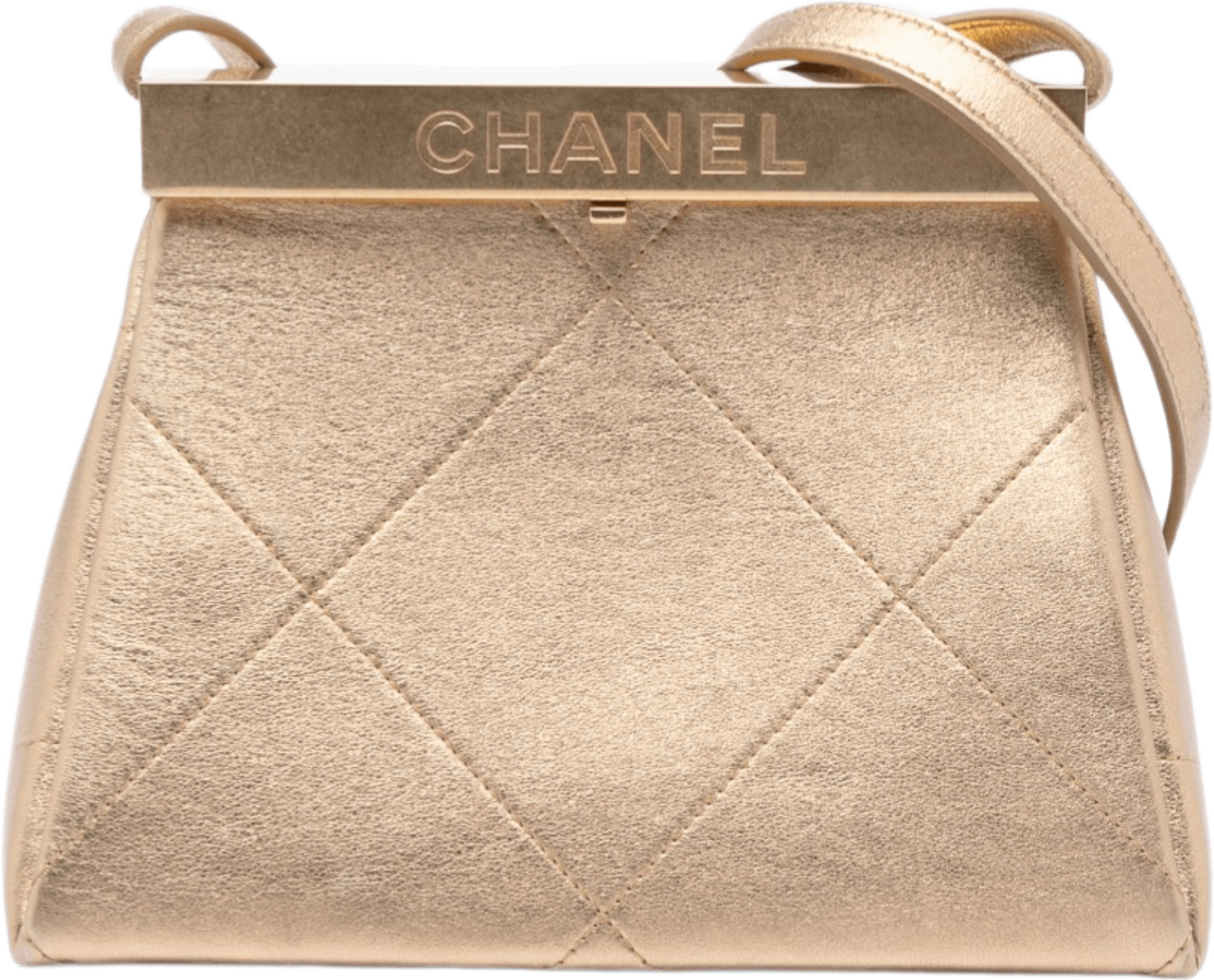 Chanel Small Calfskin Kiss Lock Frame Bag, från Luxclusif, i färgen gold.
