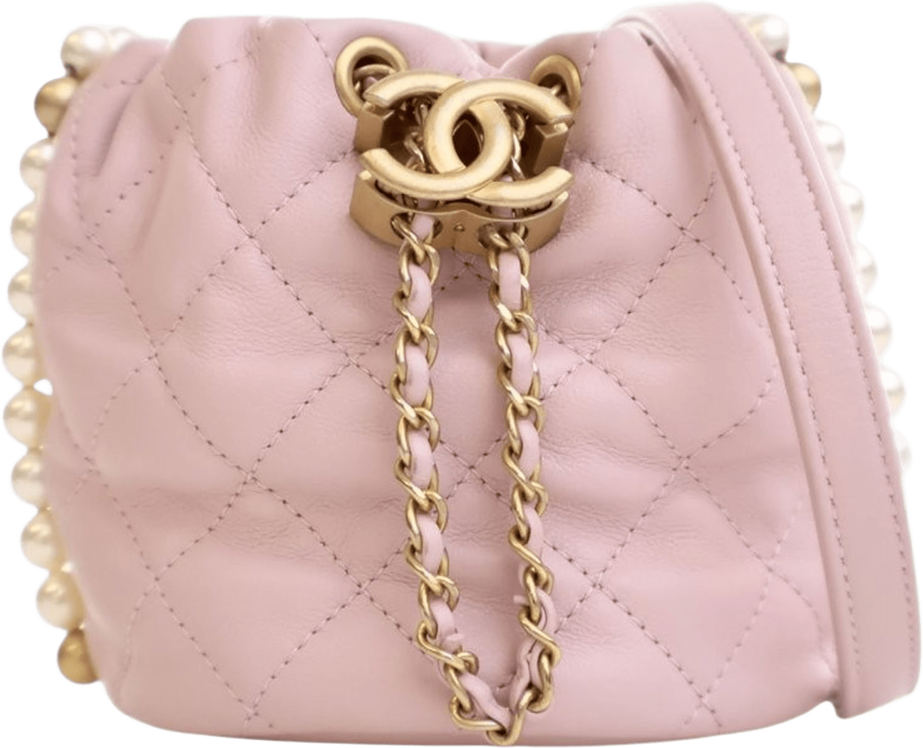 Chanel Mini Quilted Calfskin About Pearls Drawstring Bucket Bag, från Luxclusif, i färgen pink.
