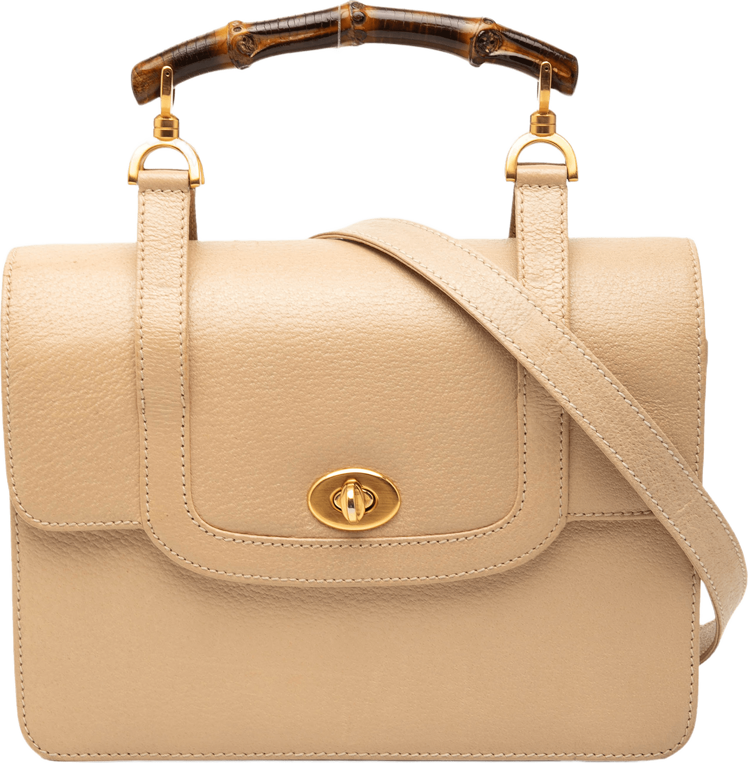 Gucci Calfskin Turnlock Bamboo Top Handle Bag, från Luxclusif, i färgen beige.