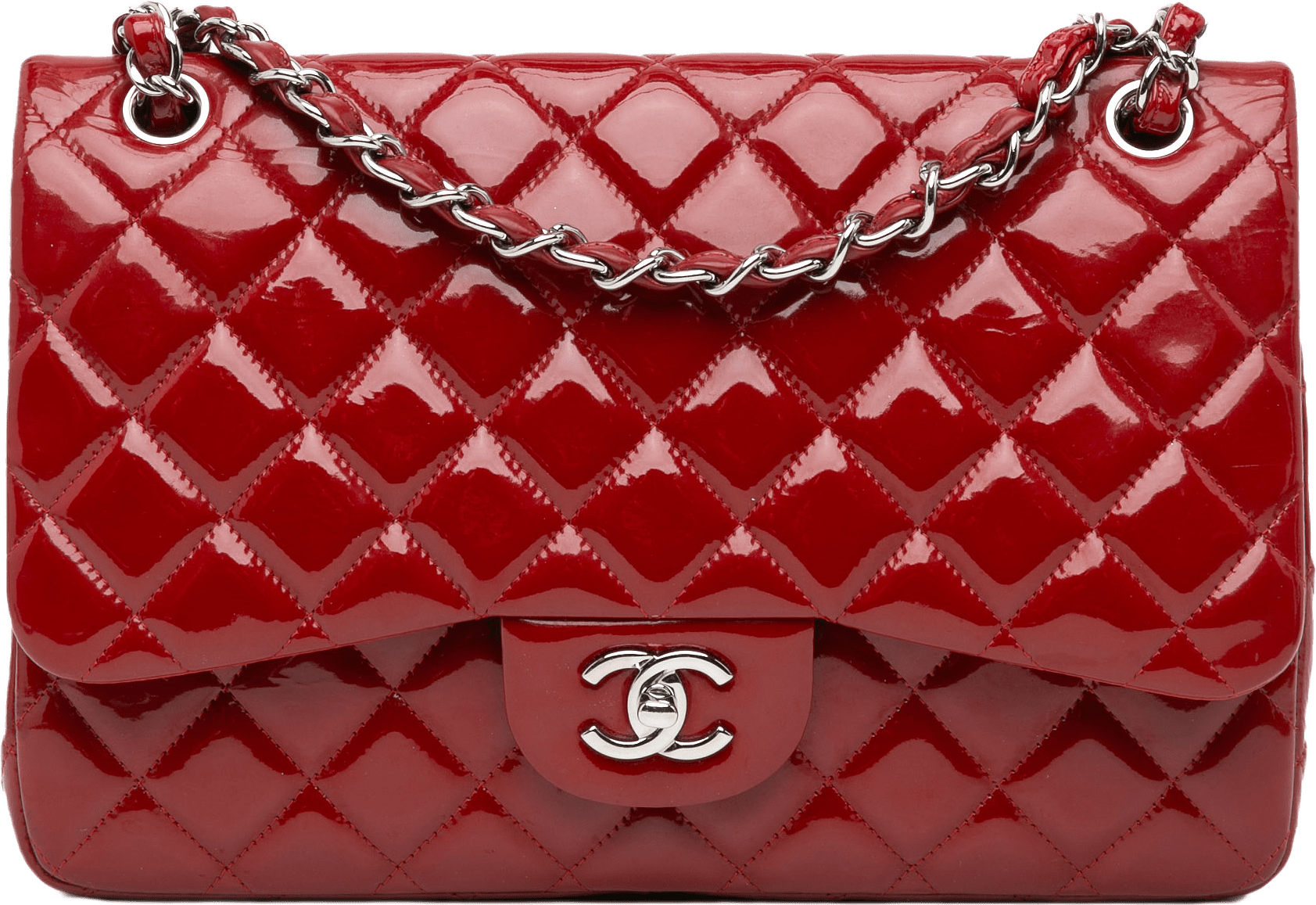 Chanel Jumbo Classic Patent Double Flap, från Luxclusif, i färgen red.