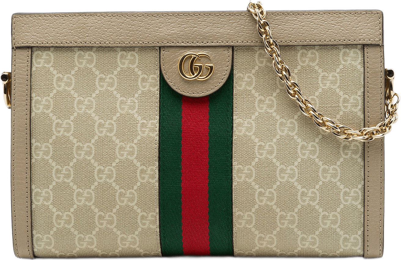 Gucci Small Gg Supreme Web Ophidia Chain Crossbody, från Luxclusif, i färgen brun.