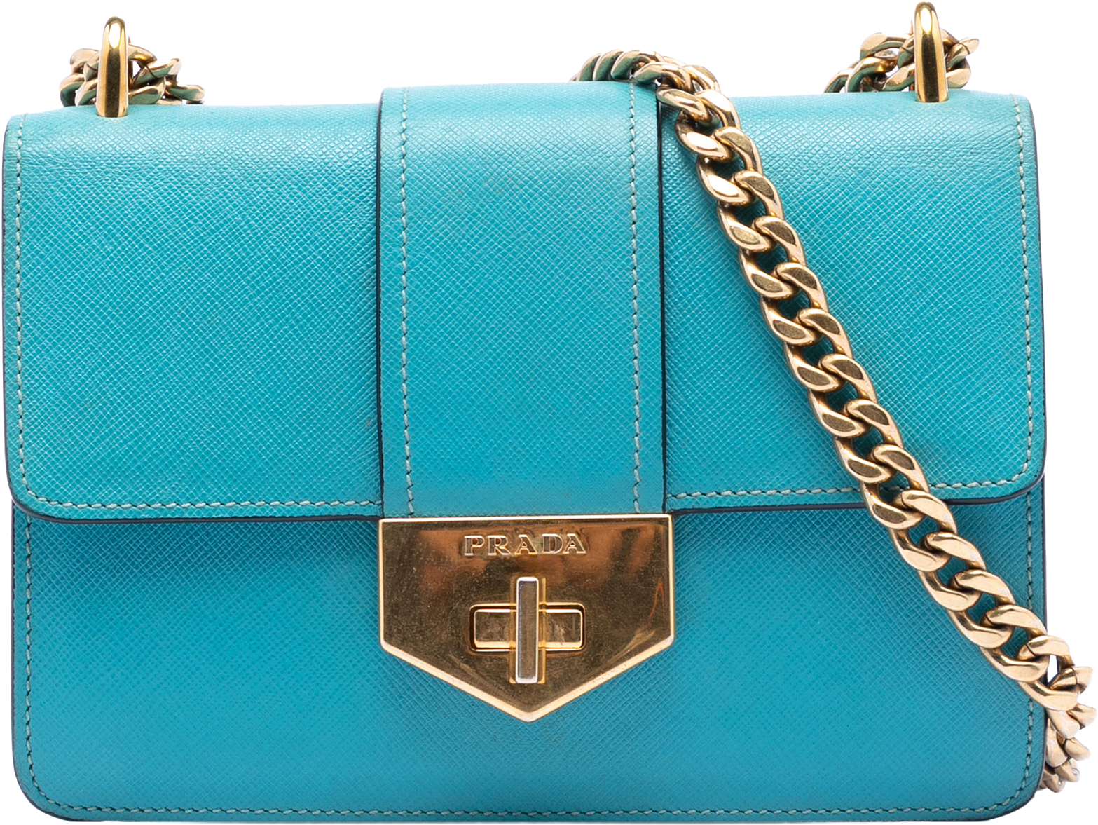 Prada Saffiano Lux Turnlock Chain Crossbody, från Luxclusif, i färgen turquoise.