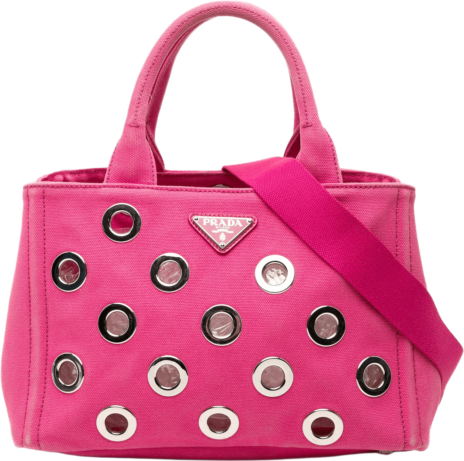 Prada Small Canvas Canapa Grommet Satchel, från Luxclusif, i färgen pink.