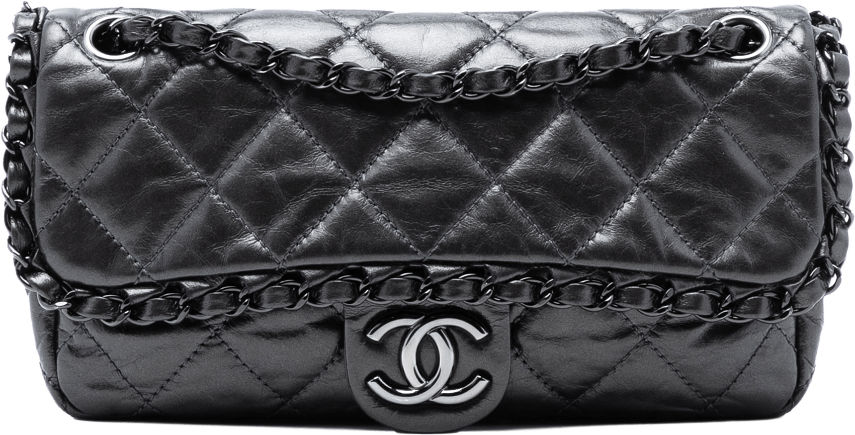 Chanel Small Quilted Metallic Aged Calfskin Chain Me Flap, från Luxclusif, i färgen dark gray.