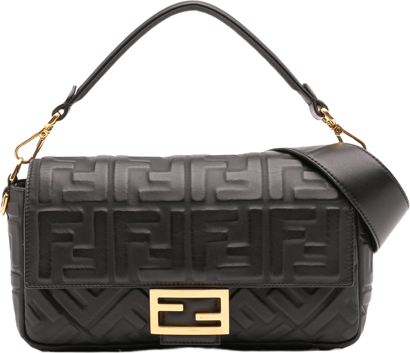 Fendi Zucca Embossed Leather Baguette Satchel, från Luxclusif, i färgen black.