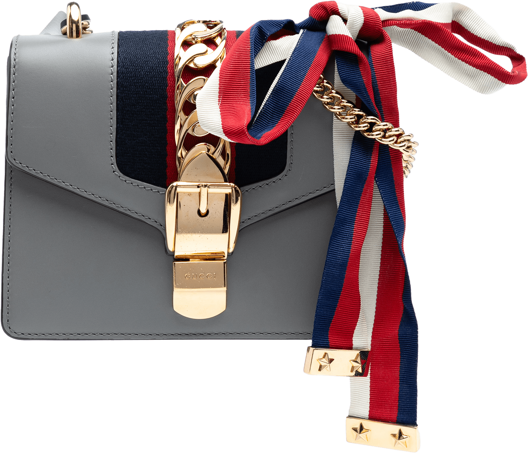 Gucci Mini Leather Web Sylvie Chain Crossbody, från Luxclusif, i färgen gray.