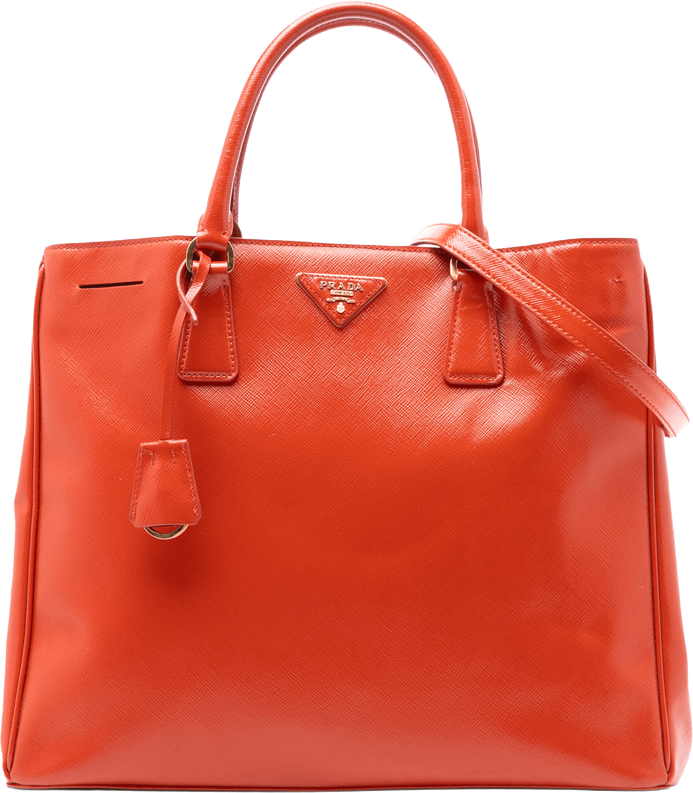 Prada Large Saffiano Vernice Galleria Satchel, från Luxclusif, i färgen dark orange.