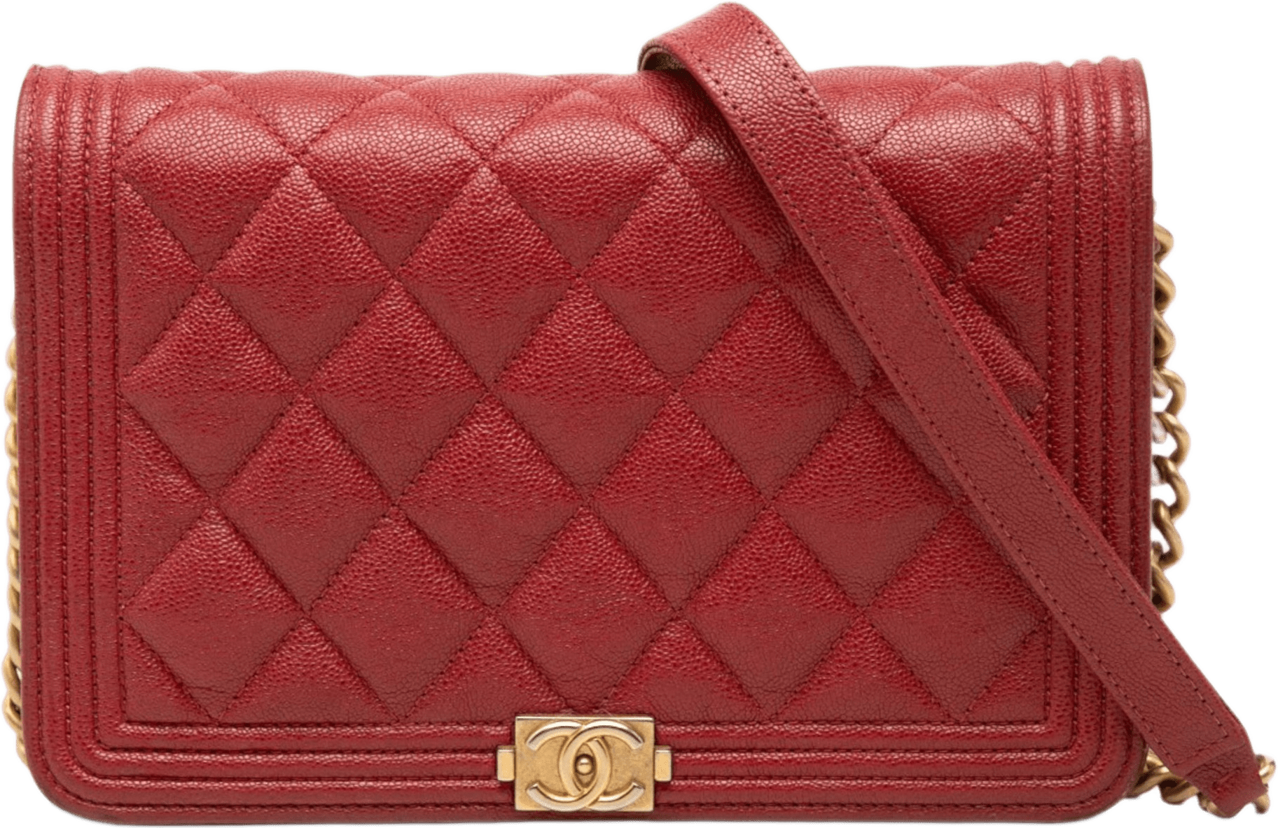 Chanel Quilted Caviar Boy Wallet On Chain, från Luxclusif, i färgen red.