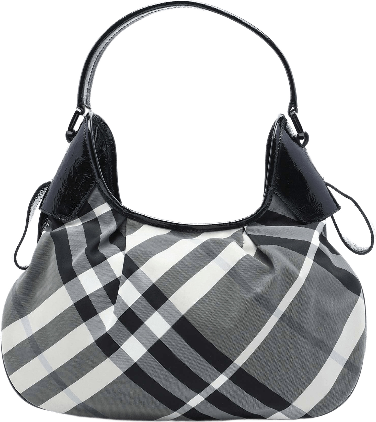 Burberry Beat Check Nylon Brooklyn Hobo, från Luxclusif, i färgen grå.