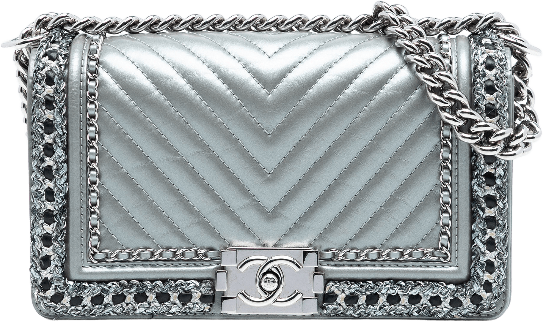 Chanel Old Medium Chevron Lambskin And Braided Tweed Jacket Boy Flap, från Luxclusif, i färgen silver.