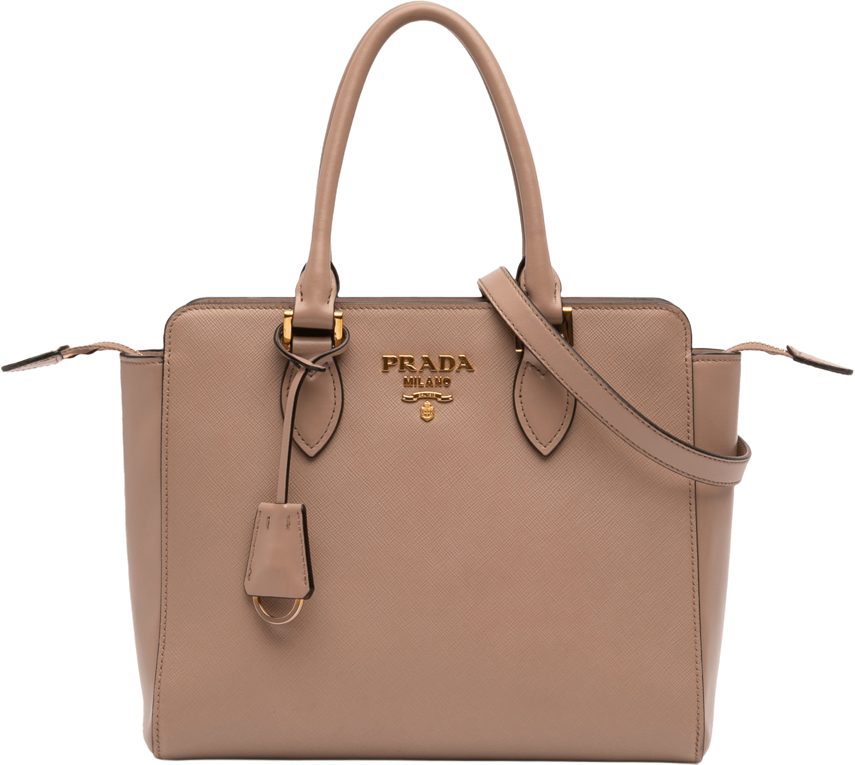 Prada Soft Calf Trimmed Saffiano Lux Zip Convertible Tote, från Luxclusif, i färgen light brown.