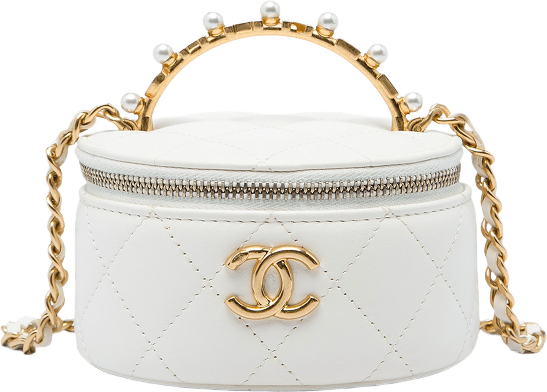 Chanel Cc Quilted Lambskin Crystal Pearly Girl Round Top Handle Vanity Case With Chain, från Luxclusif, i färgen vit.