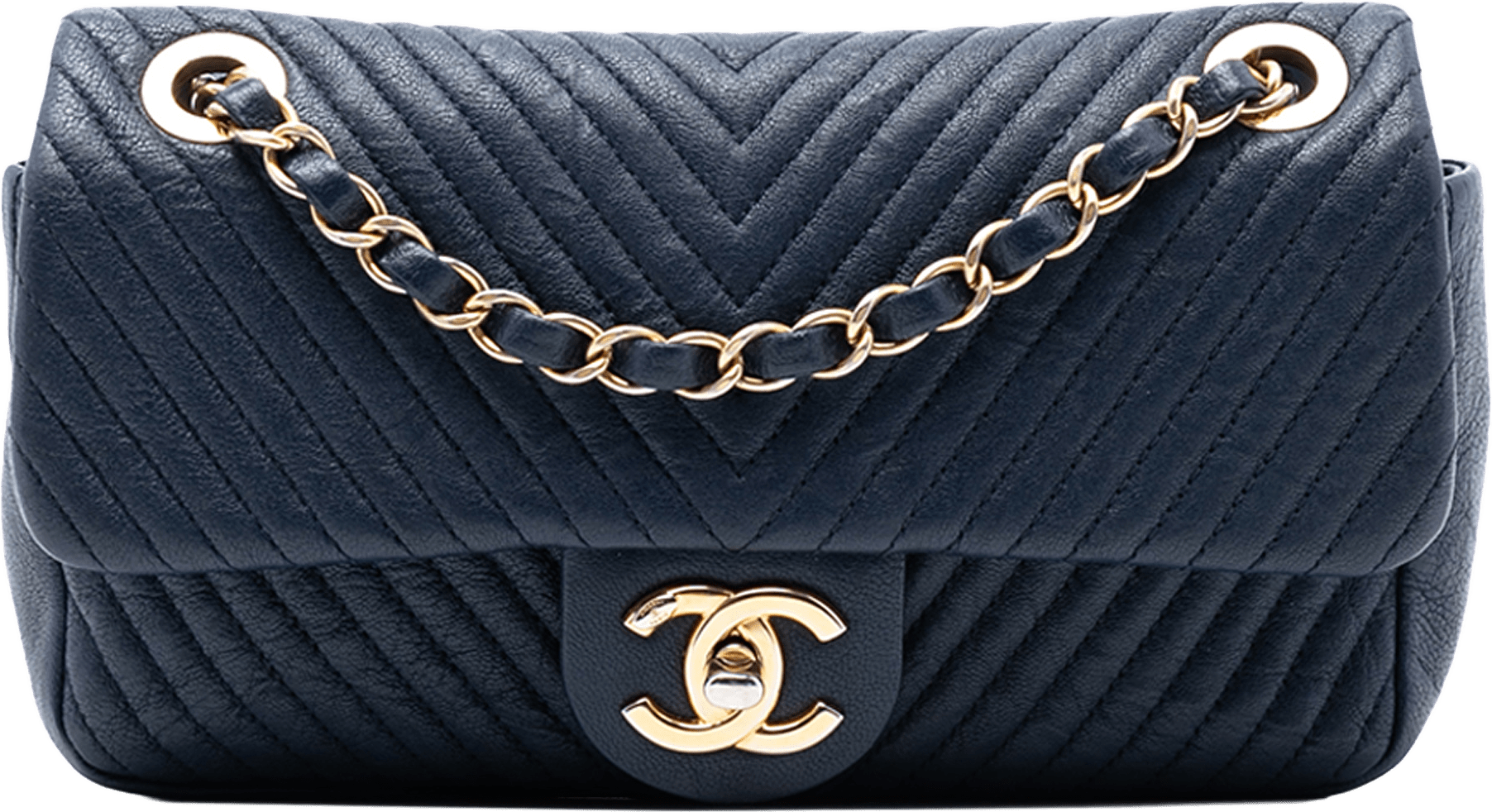 Chanel Small Chevron Wrinkled Calfskin Medallion Charm Surpique Flap, från Luxclusif, i färgen dark blue.