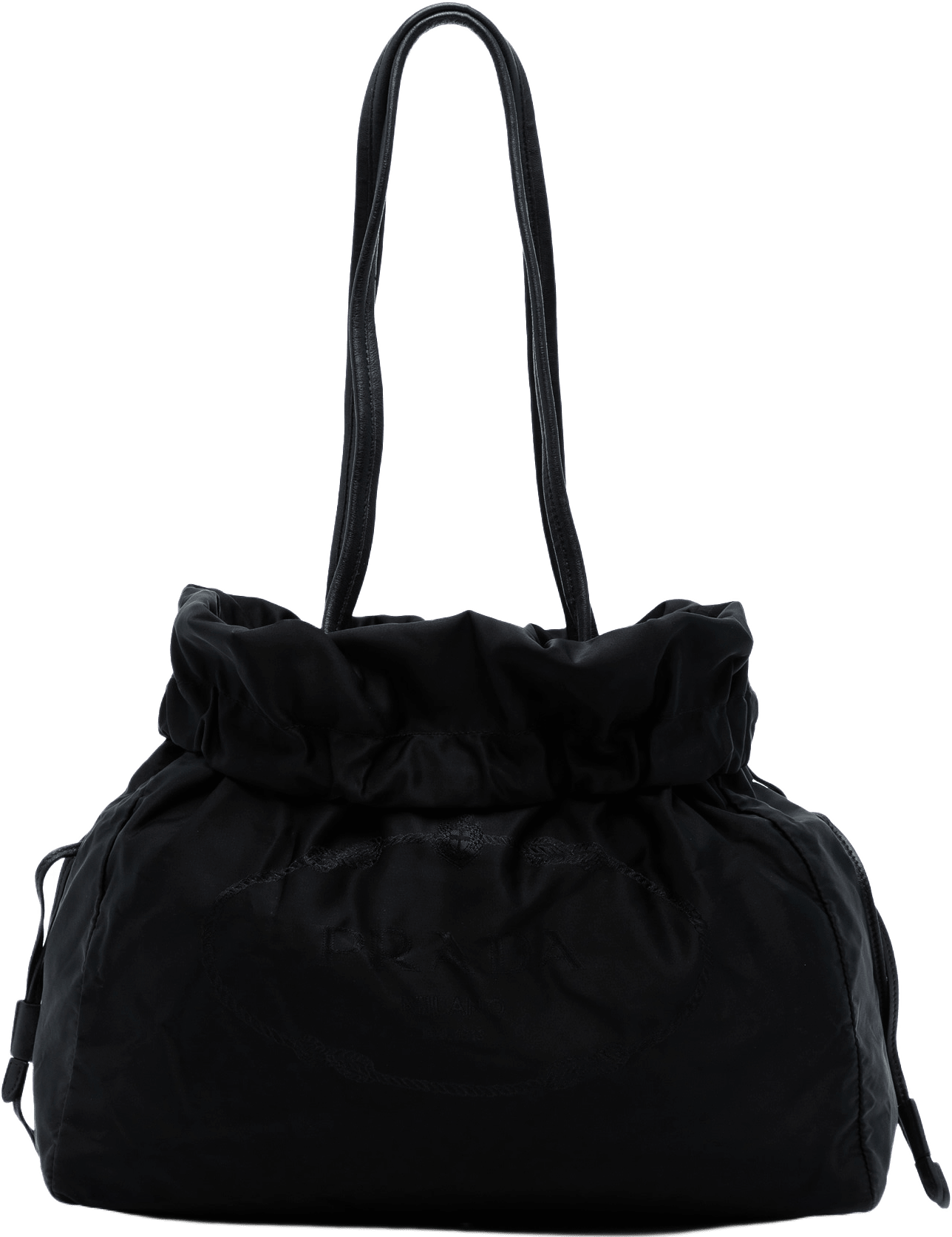 Prada Tessuto Logo Drawstring Tote, från Luxclusif, i färgen black.