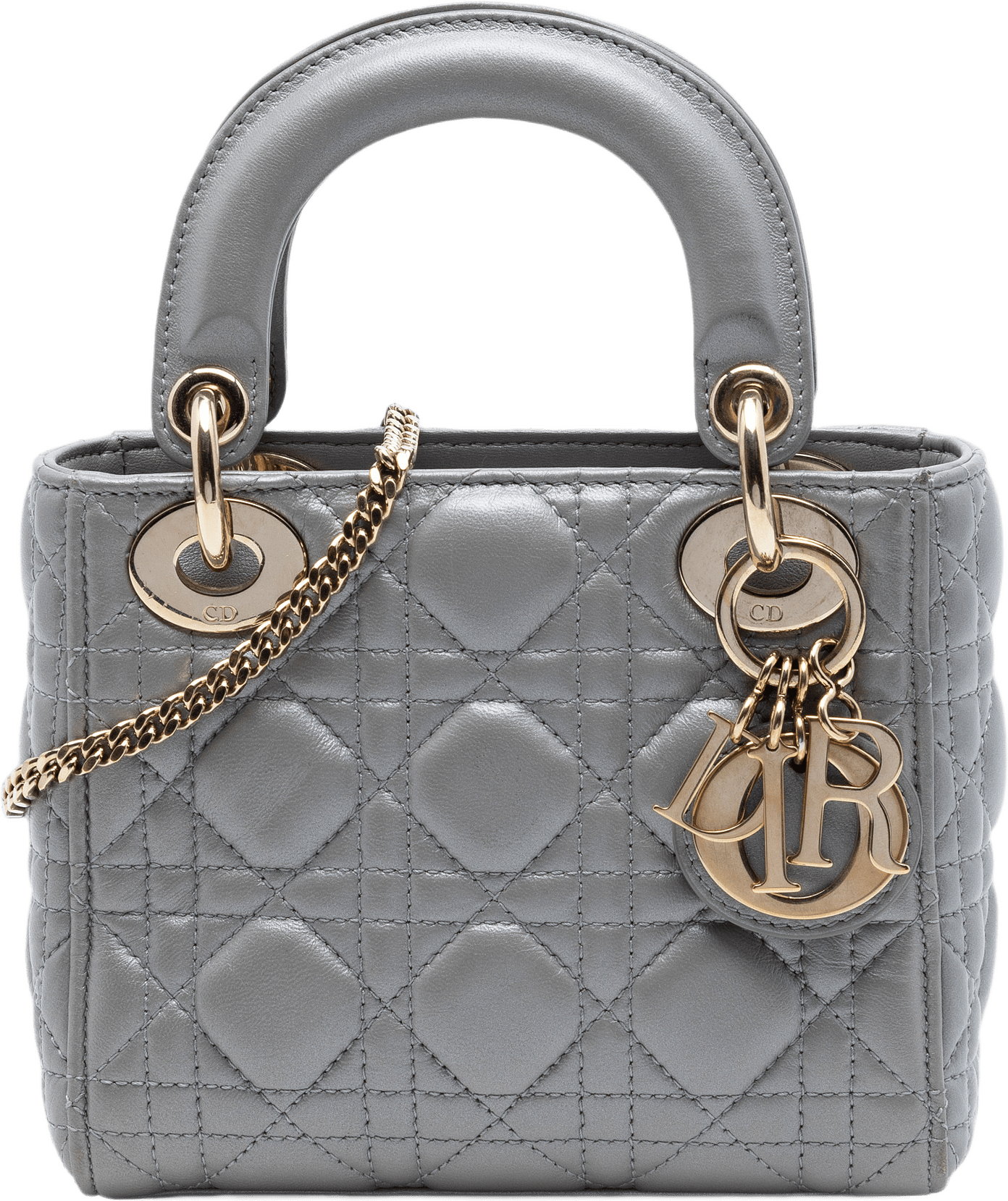 Dior Mini Metallic Lambskin Cannage Lady Dior, från Luxclusif, i färgen gray.
