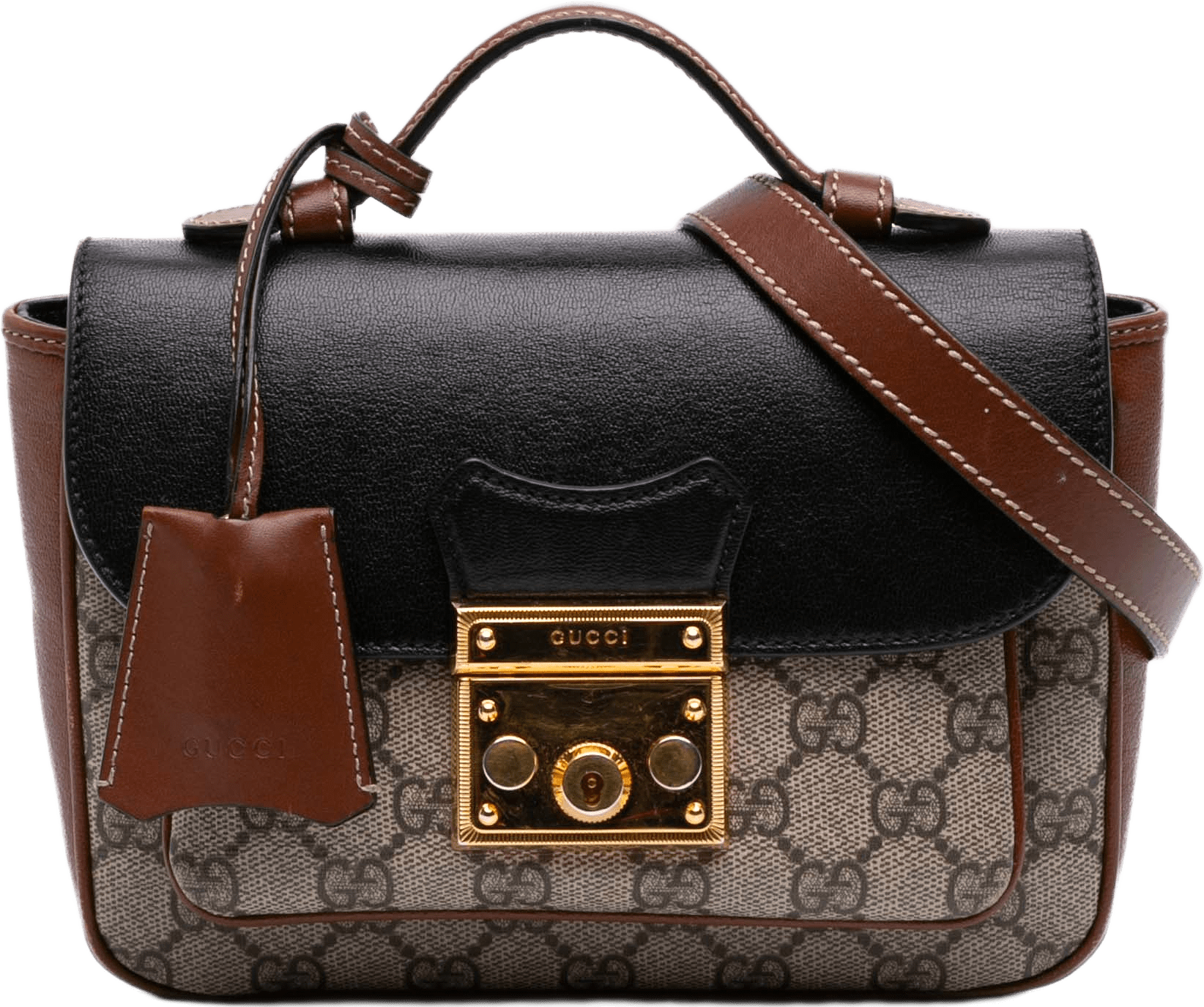 Gucci Mini Gg Supreme And Calfskin Padlock Flap Pocket Satchel, från Luxclusif, i färgen beige.