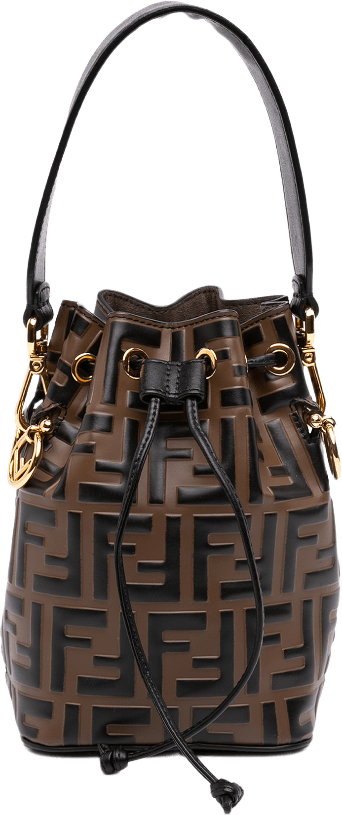 Fendi Mini Ff 1974 Embossed Leather Mon Tresor Bucket Bag, från Luxclusif, i färgen brun.