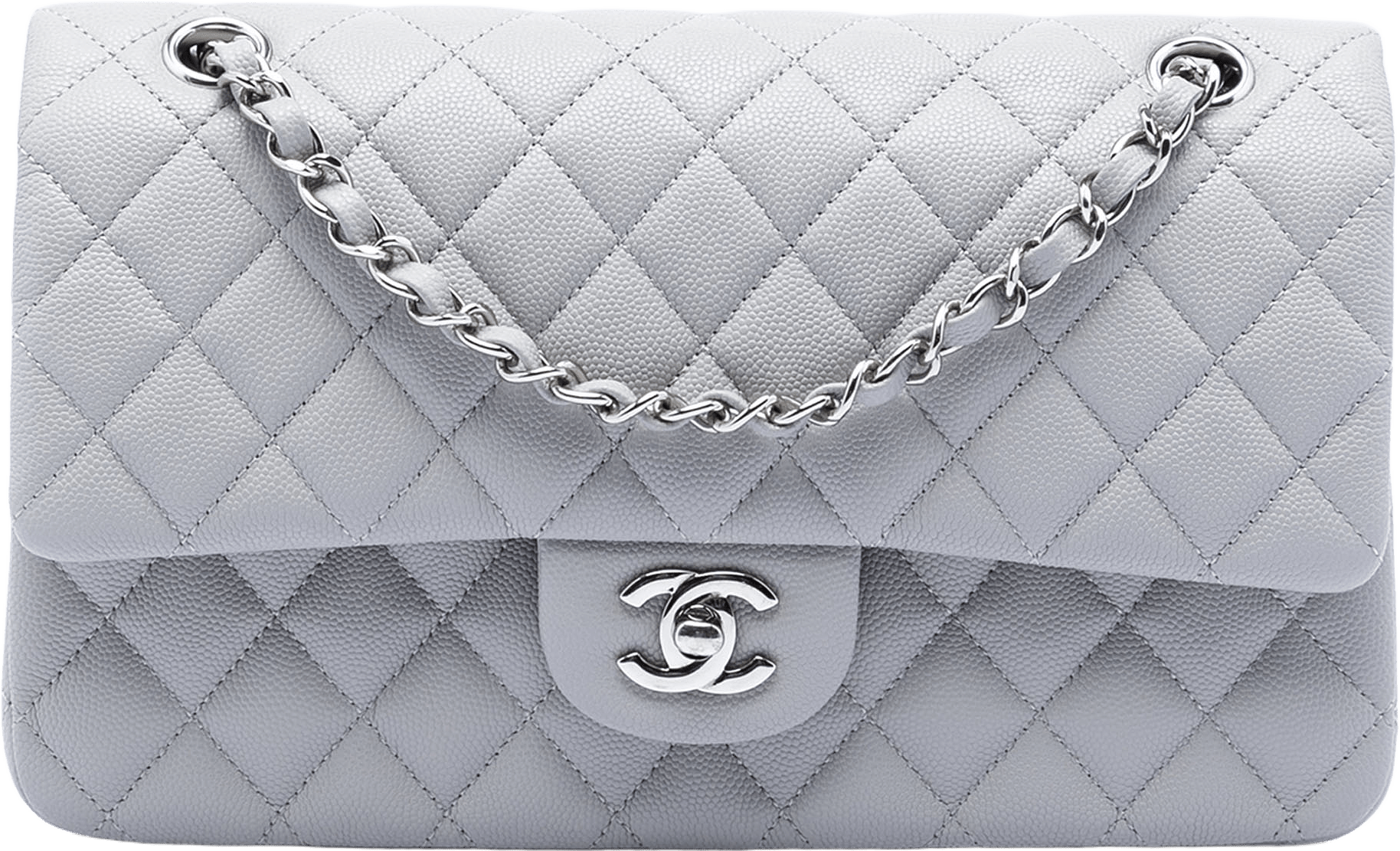 Chanel Medium Classic Caviar Double Flap, från Luxclusif, i färgen light gray.