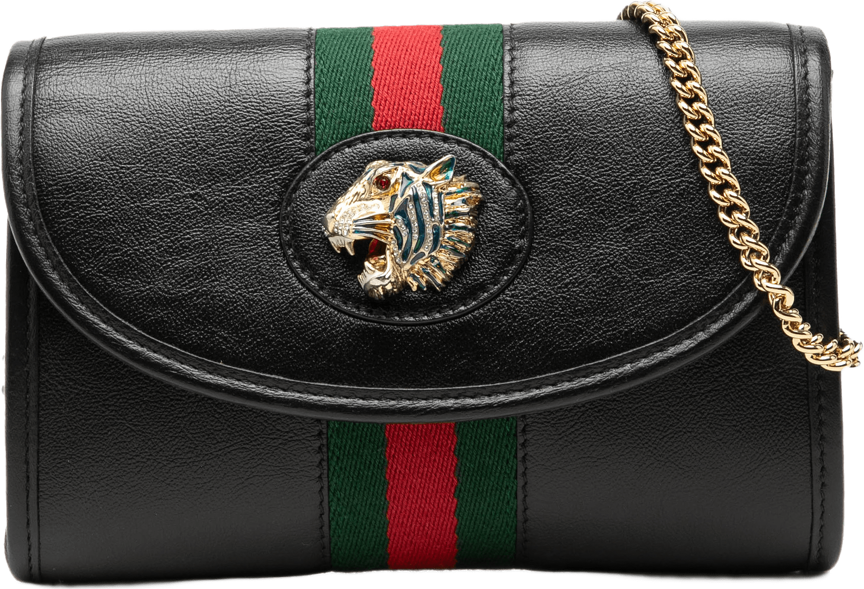 Gucci Mini Calfskin Rajah Web Chain Crossbody, från Luxclusif, i färgen svart.