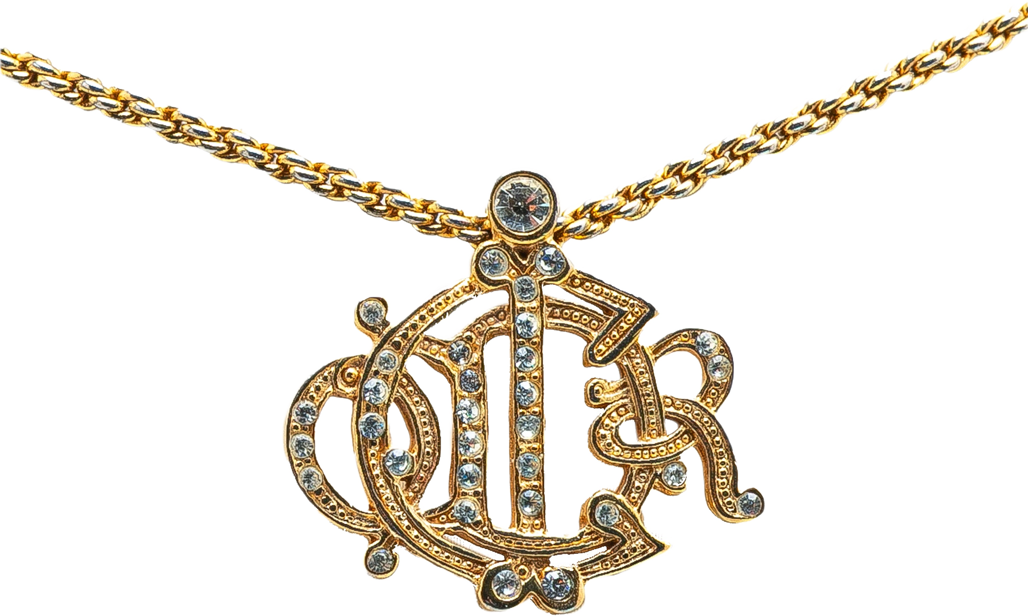 Dior Gold Plated Logo Crystal Pendant Necklace, från Luxclusif, i färgen gold.