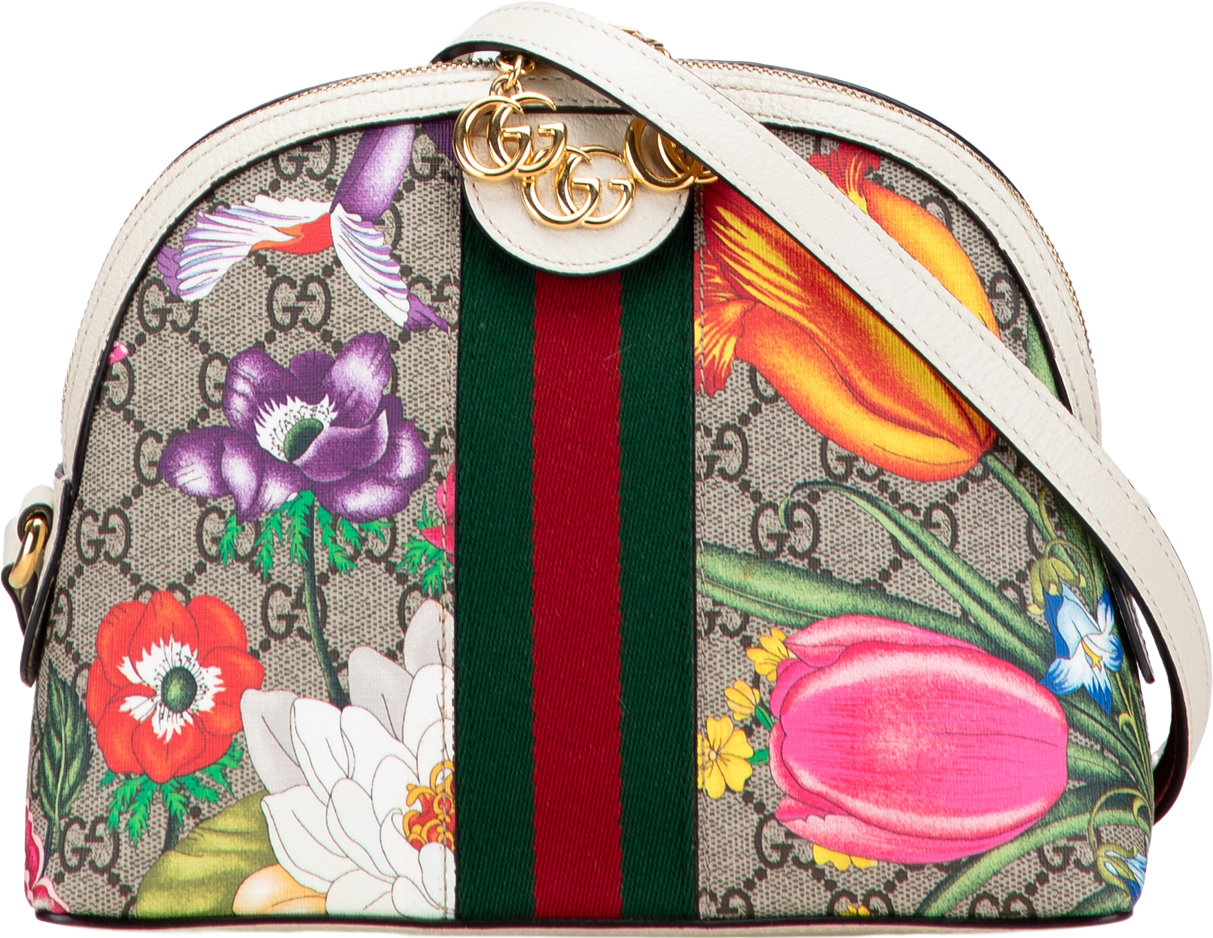Gucci Small Gg Supreme Flora Ophidia Dome Crossbody, från Luxclusif, i färgen beige.