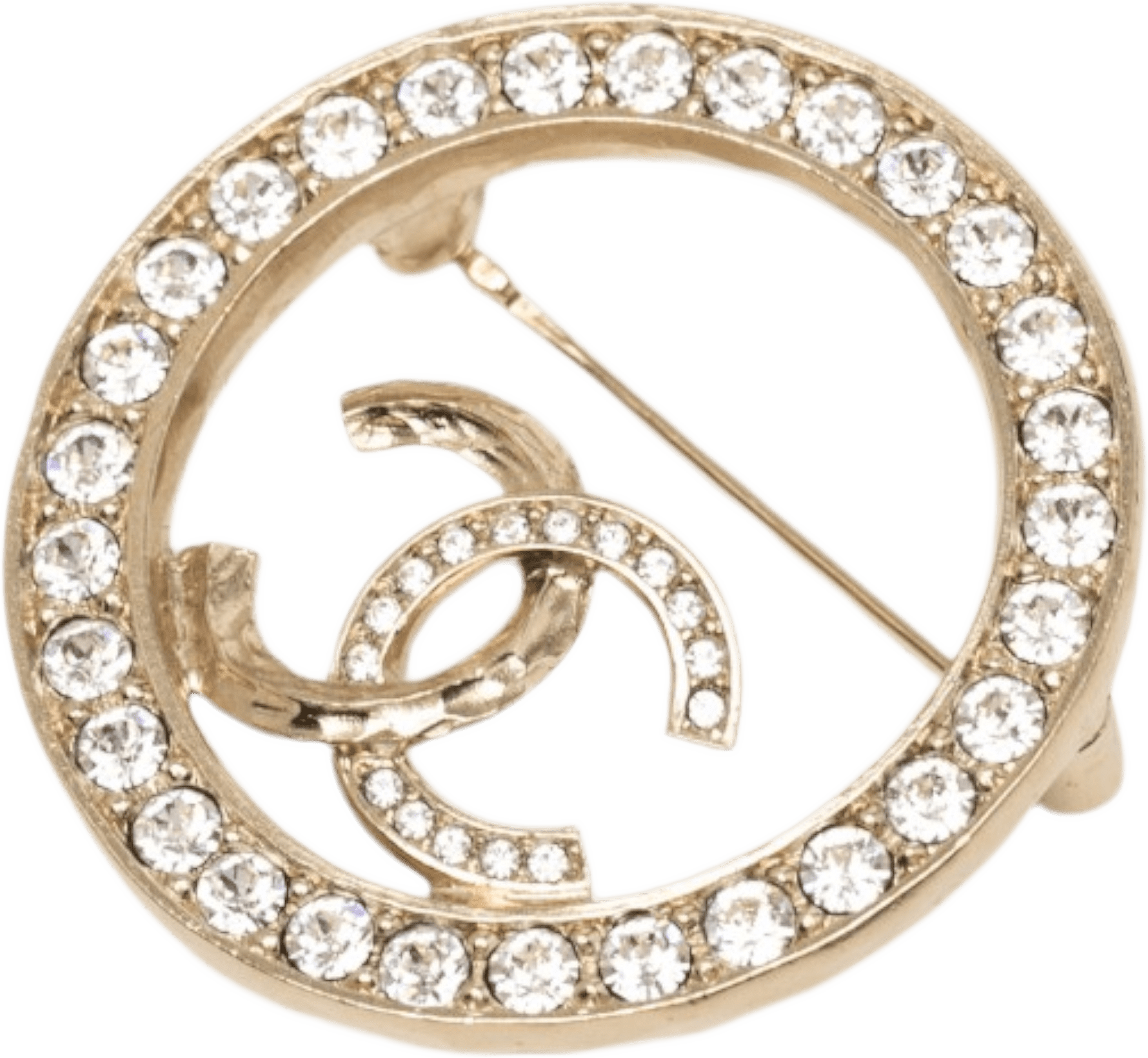 Chanel Cc Gold Plated Strass Round Pin Brooch, från Luxclusif, i färgen guld.