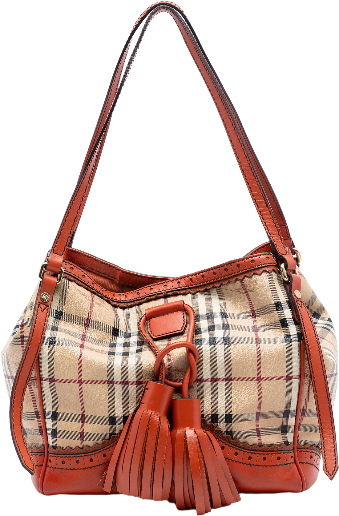 Burberry Small Haymarket Check Coated Canvas Brogue Tassel Tote, från Luxclusif, i färgen beige.