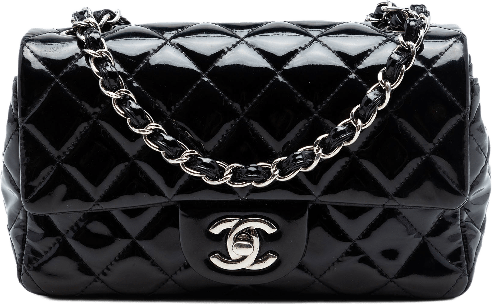 Chanel Mini Rectangular Classic Patent Single Flap, från Luxclusif, i färgen black.