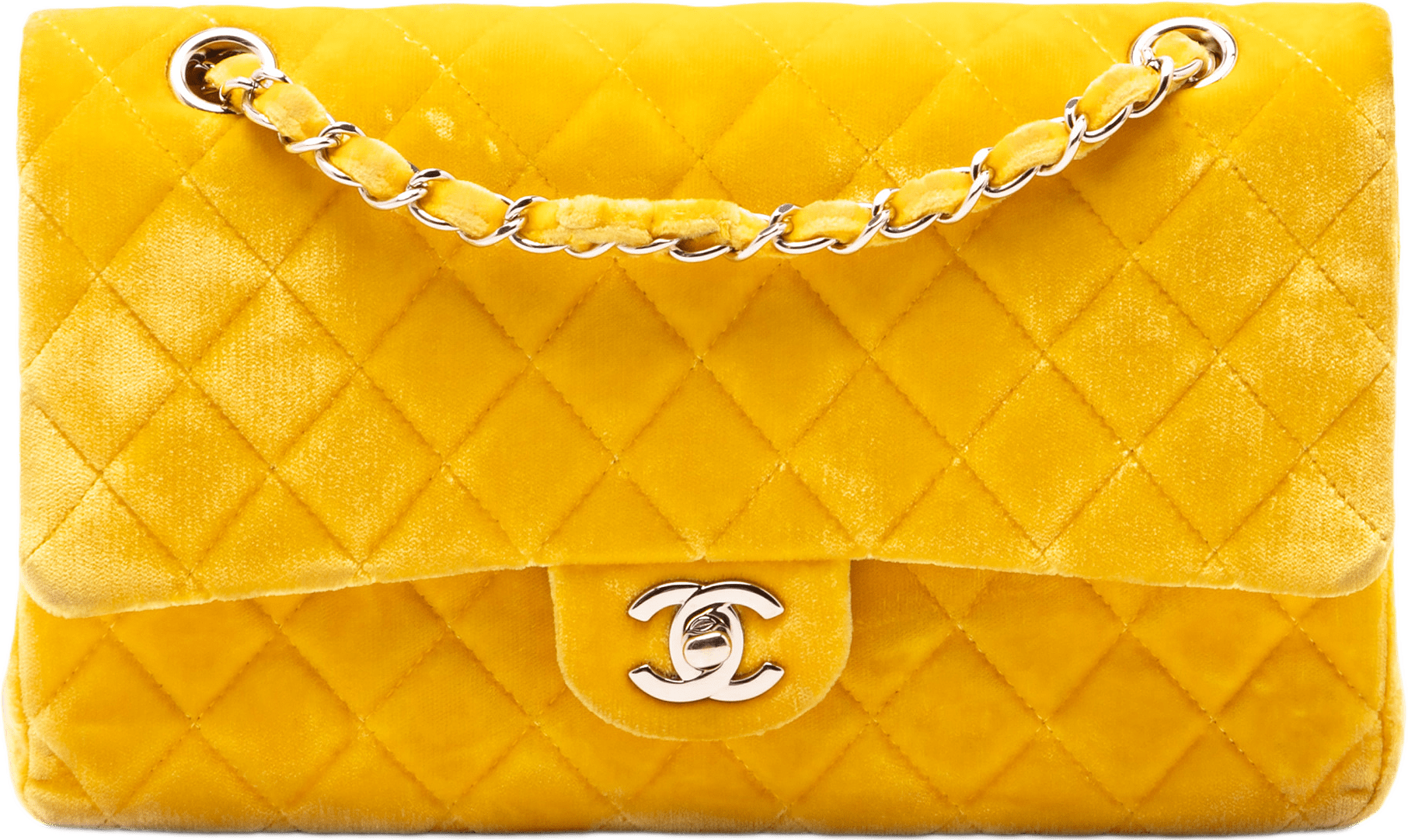 Chanel Medium Classic Velvet Double Flap, från Luxclusif, i färgen yellow.