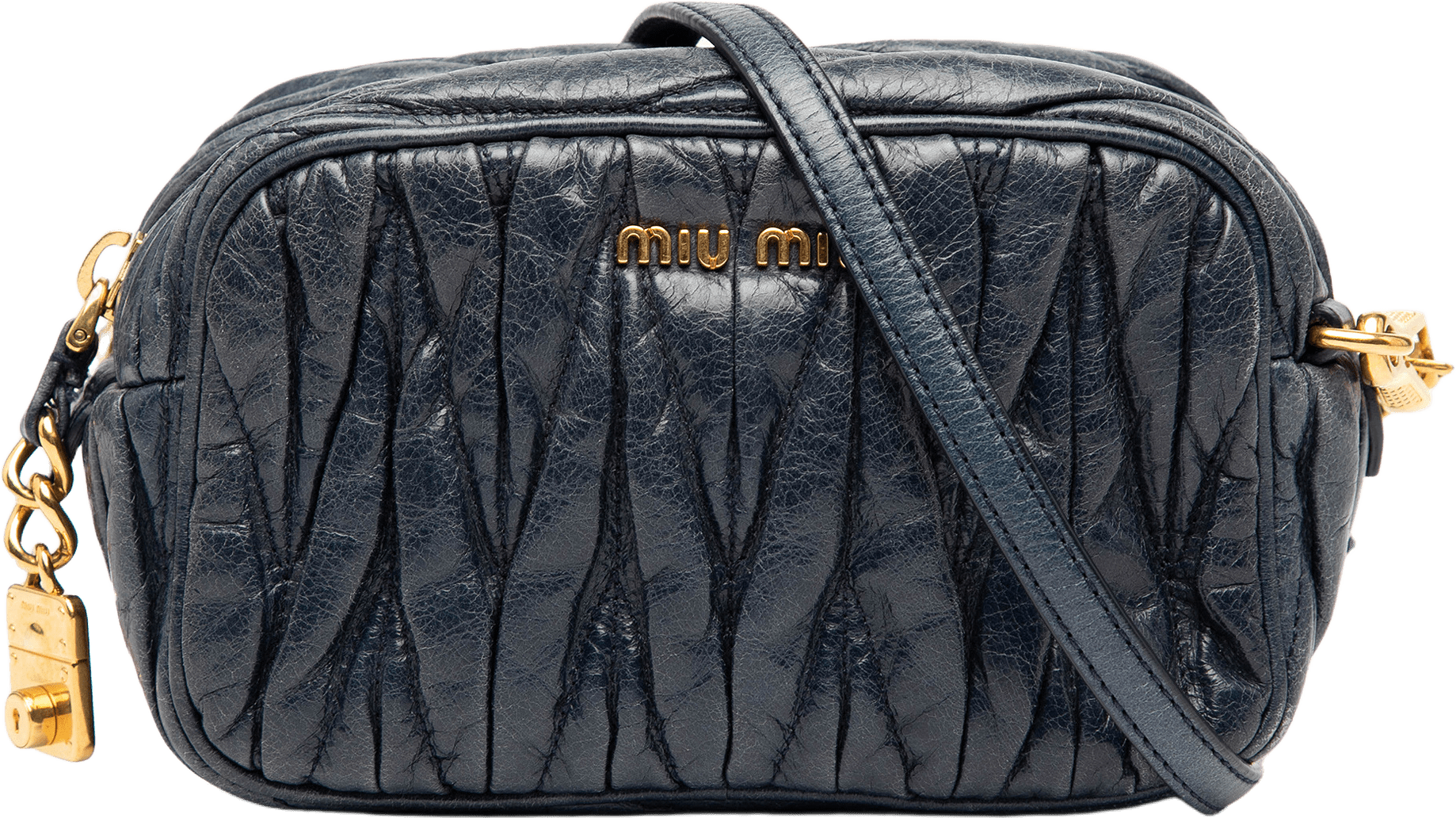 Miu Miu Matelasse Nappa Camera Crossbody, från Luxclusif, i färgen navy.