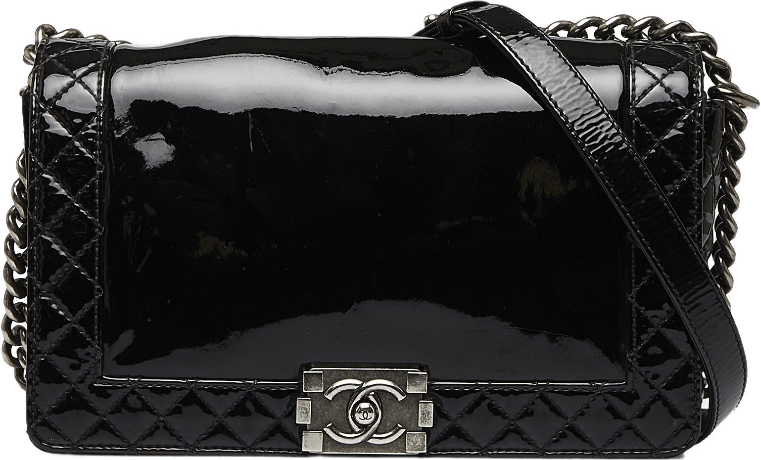 Chanel Medium Patent Boy Reverso Flap, från Luxclusif, i färgen black.