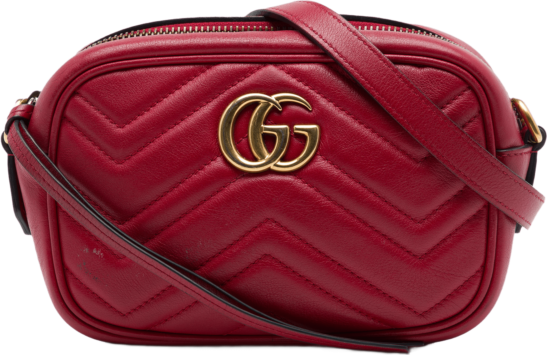 Gucci Mini Gg Marmont Matelasse Leather Crossbody, från Luxclusif, i färgen röd.