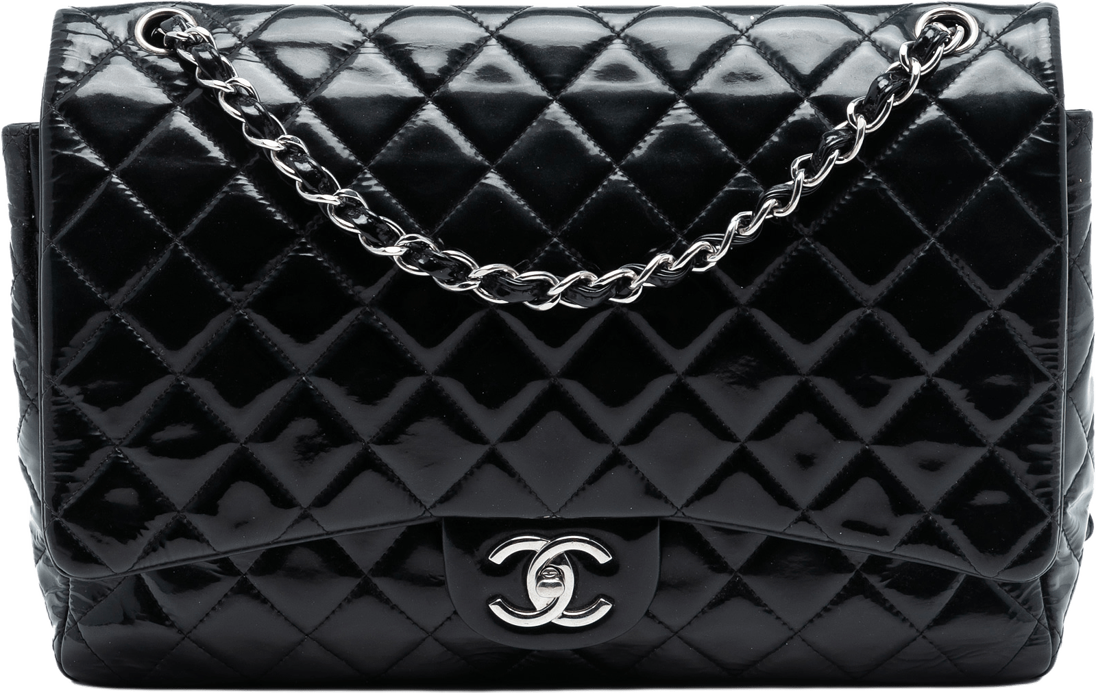 Chanel Jumbo Classic Patent Double Flap, från Luxclusif, i färgen black.