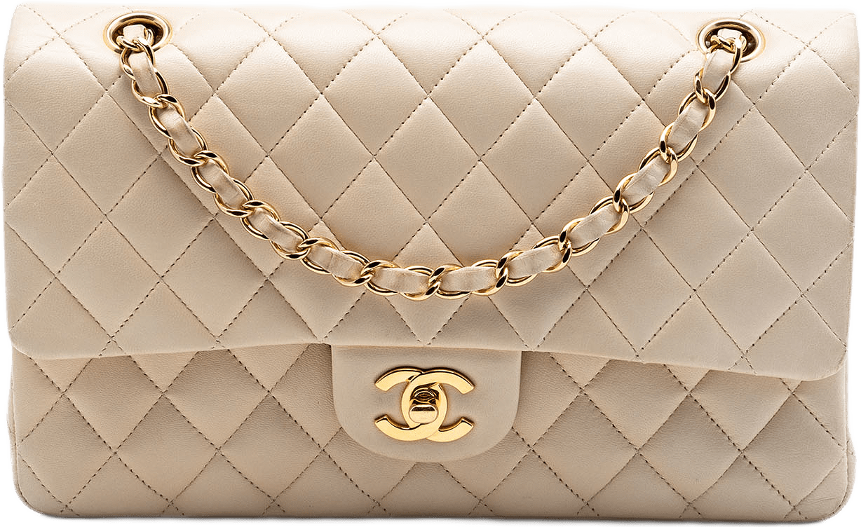 Chanel Medium Classic Lambskin Double Flap, från Luxclusif, i färgen beige.