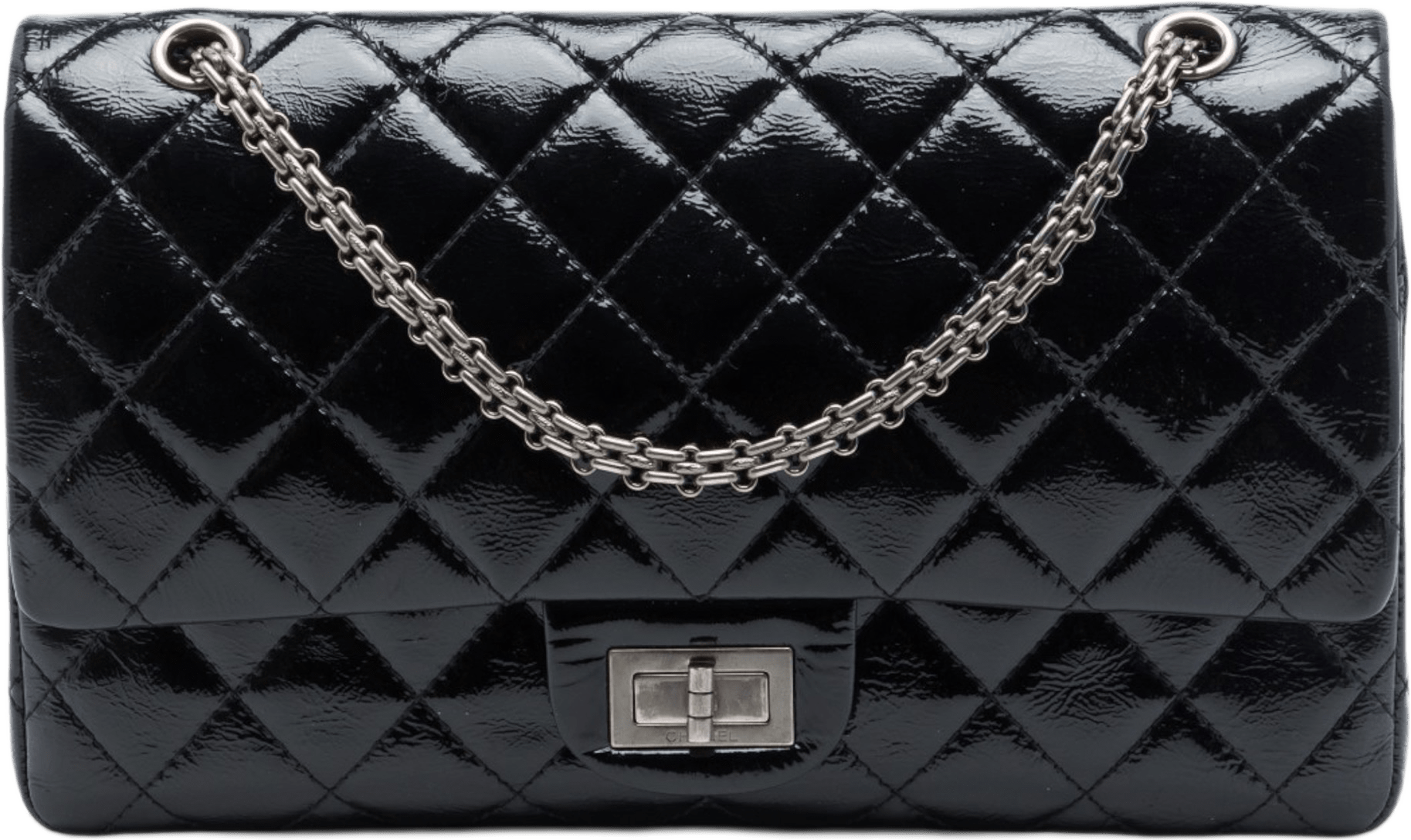 Chanel Quilted Crinkled Patent Reissue 2.55 Double Flap 227, från Luxclusif, i färgen svart.