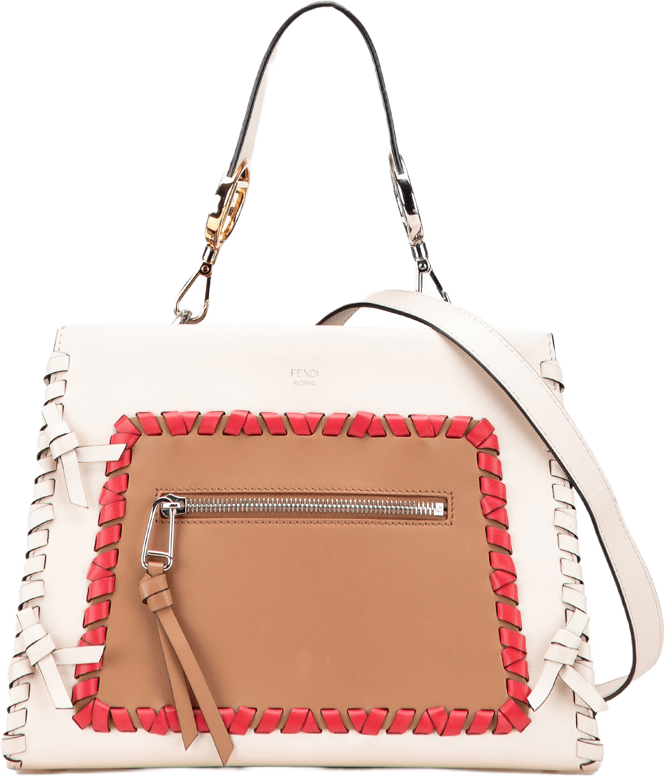 Fendi Small Bicolor Calfskin Whipstitch Runway Satchel, från Luxclusif, i färgen light beige.
