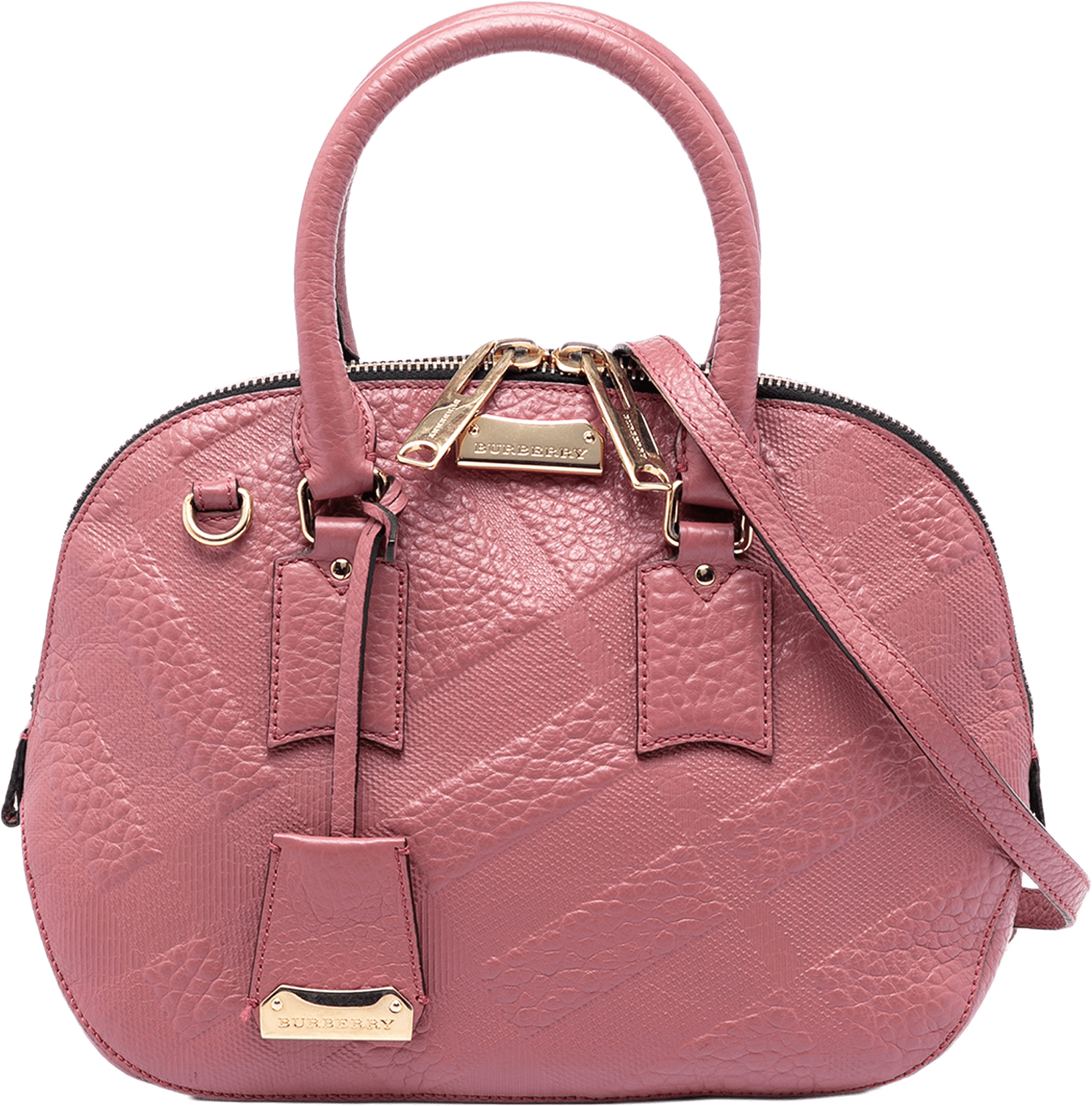 Burberry Small Heritage Grain Check Embossed Orchard Bowling Bag, från Luxclusif, i färgen pink.