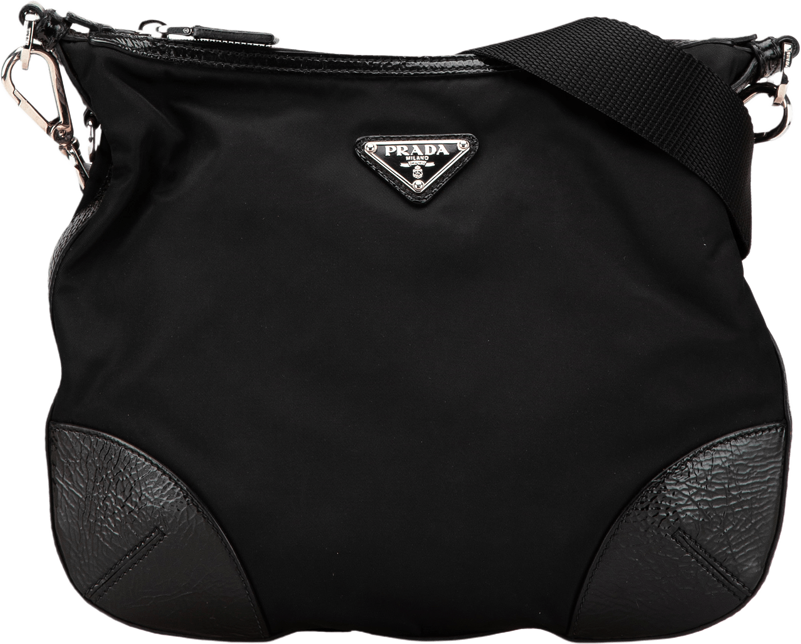 Prada Vitello Trimmed Tessuto Zip Top Crossbody, från Luxclusif, i färgen black.