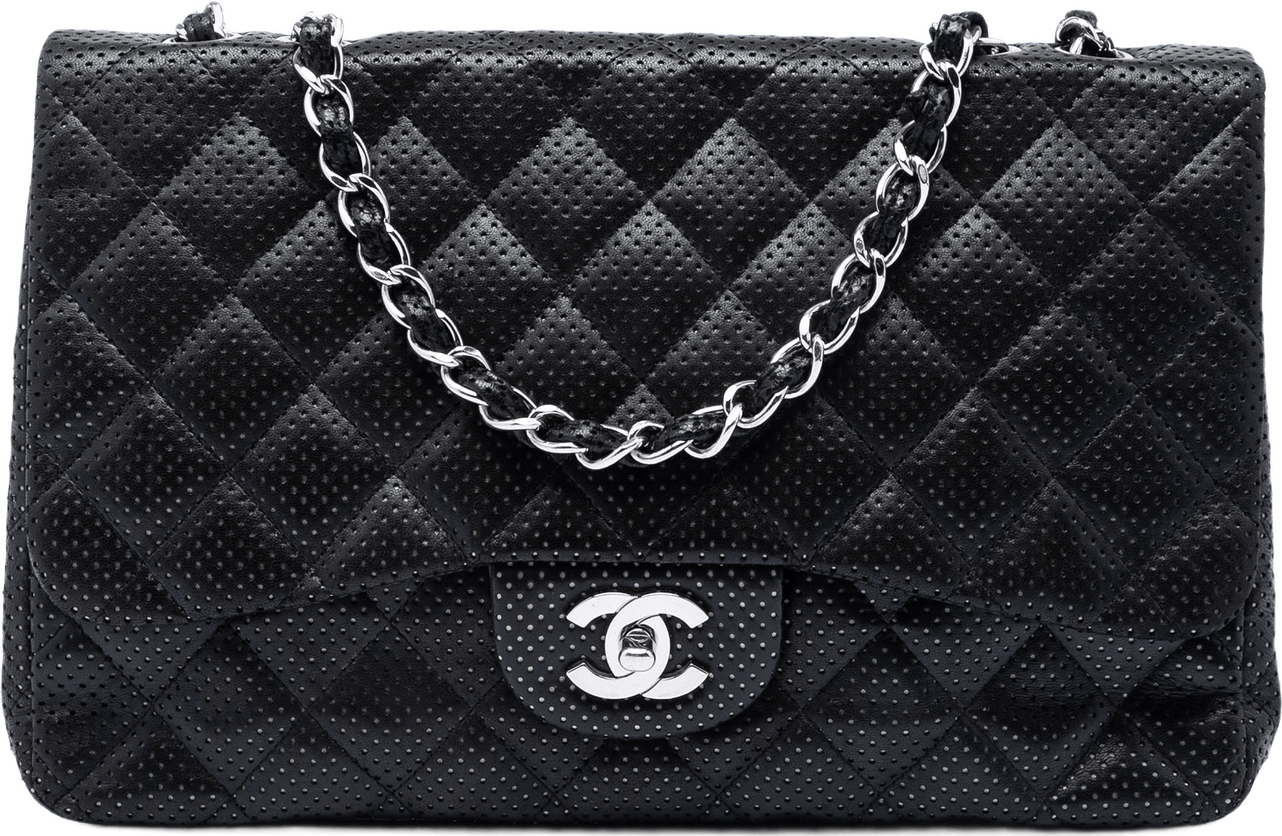 Chanel Jumbo Classic Perforated Lambskin Single Flap, från Luxclusif, i färgen svart.