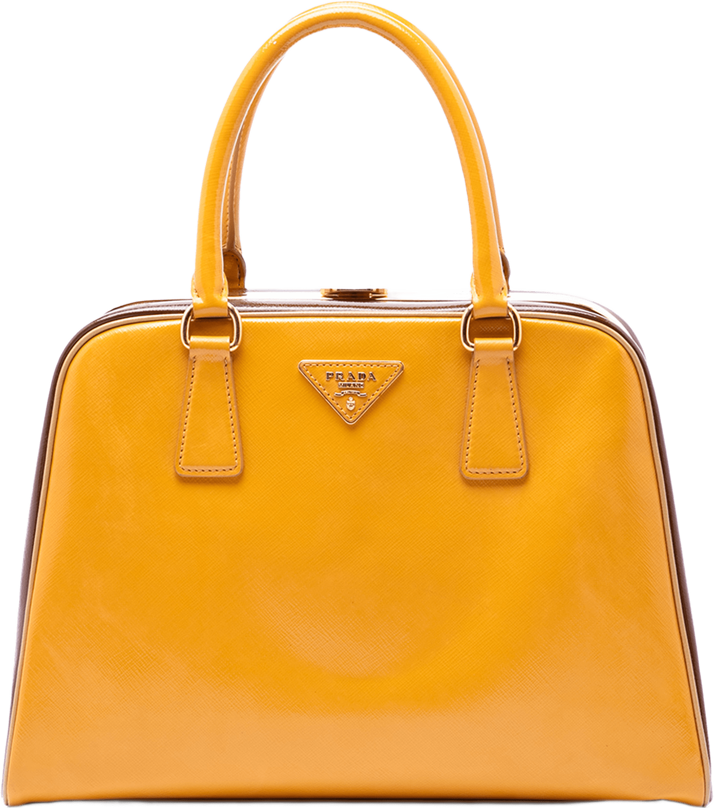 Prada Bicolor Saffiano Vernice Pyramid Frame Handbag, från Luxclusif, i färgen mustard.