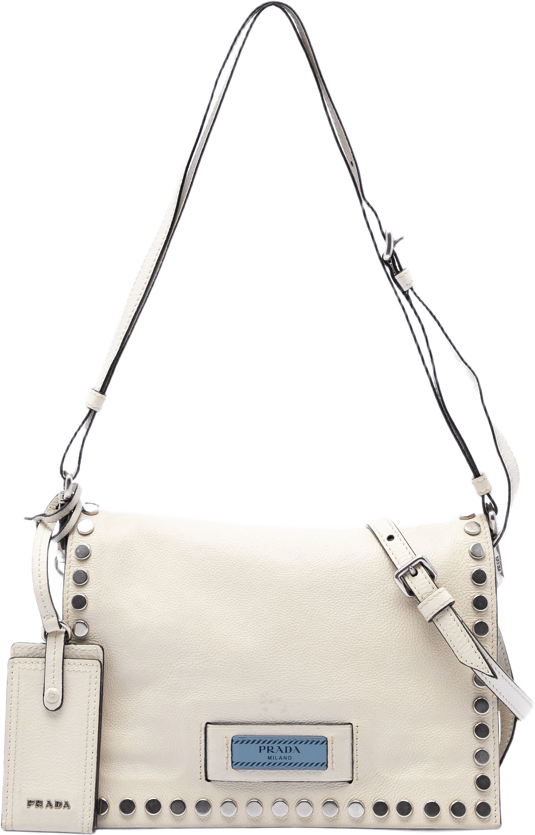 Prada Glace Calfskin Studded Etiquette Flap, från Luxclusif, i färgen ivory.