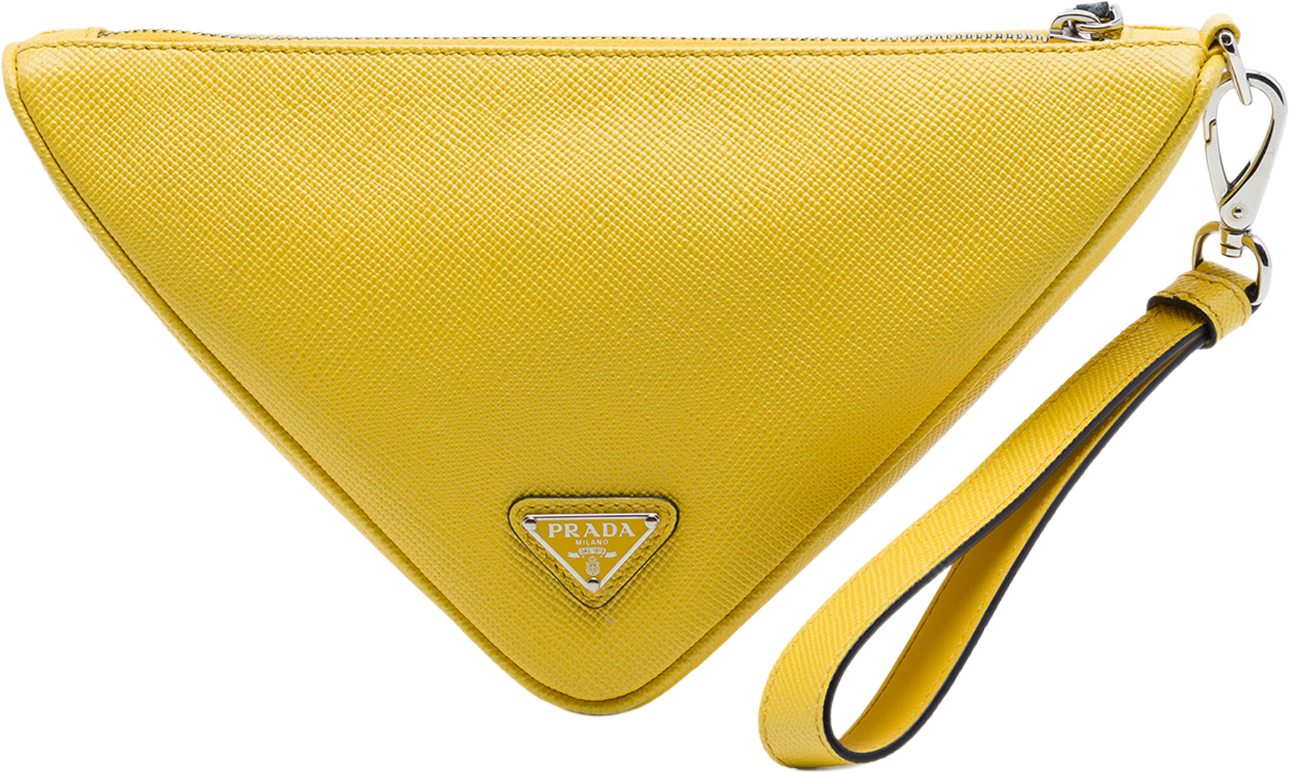 Prada Saffiano Logo Embossed Triangle Wristlet Pouch, från Luxclusif, i färgen gul.
