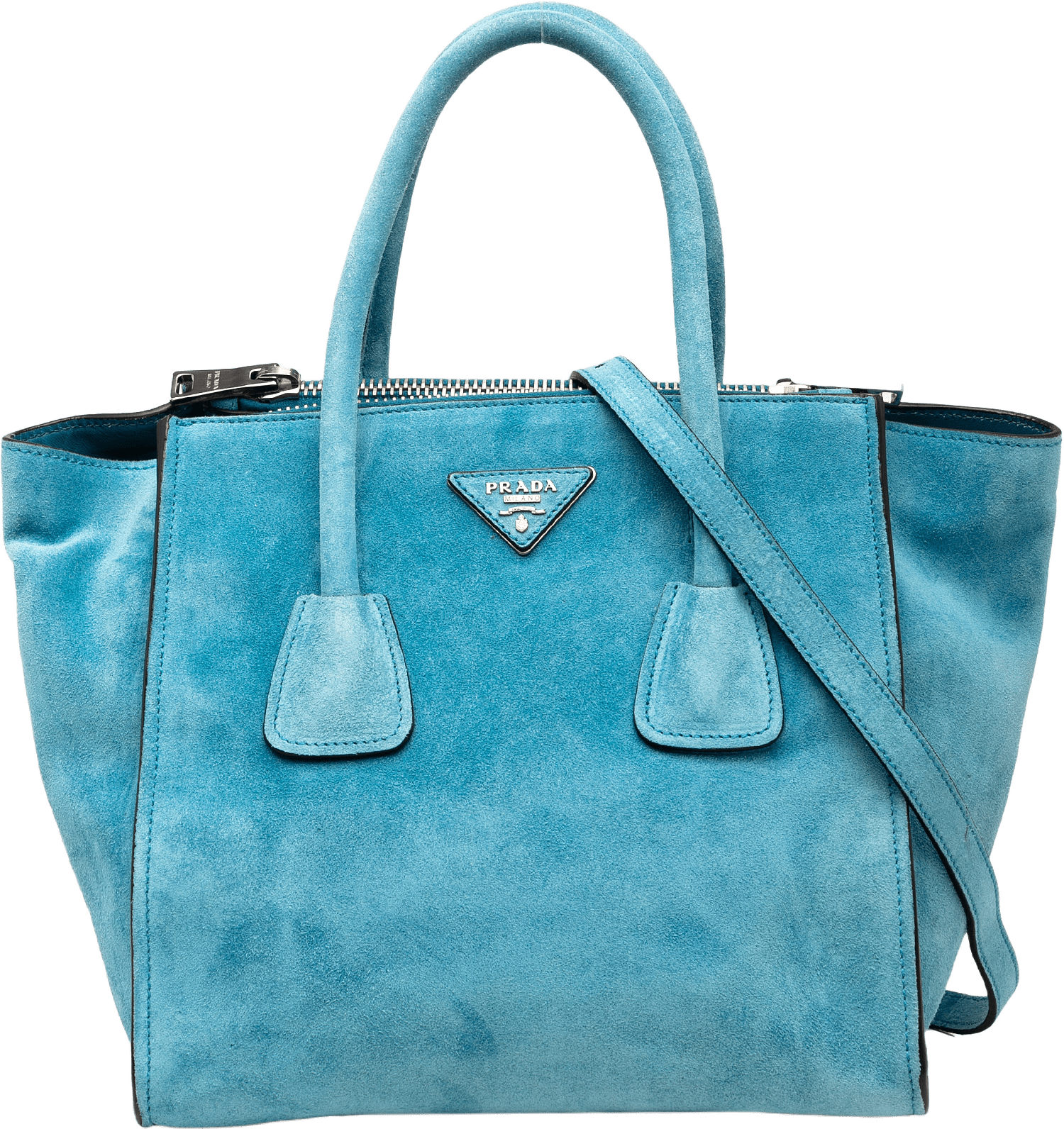 Prada Small Scamosciato Twin Pocket Satchel, från Luxclusif, i färgen light blue.